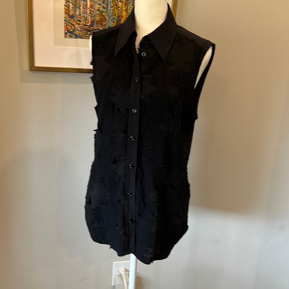 Black silk sleeveless blouse.